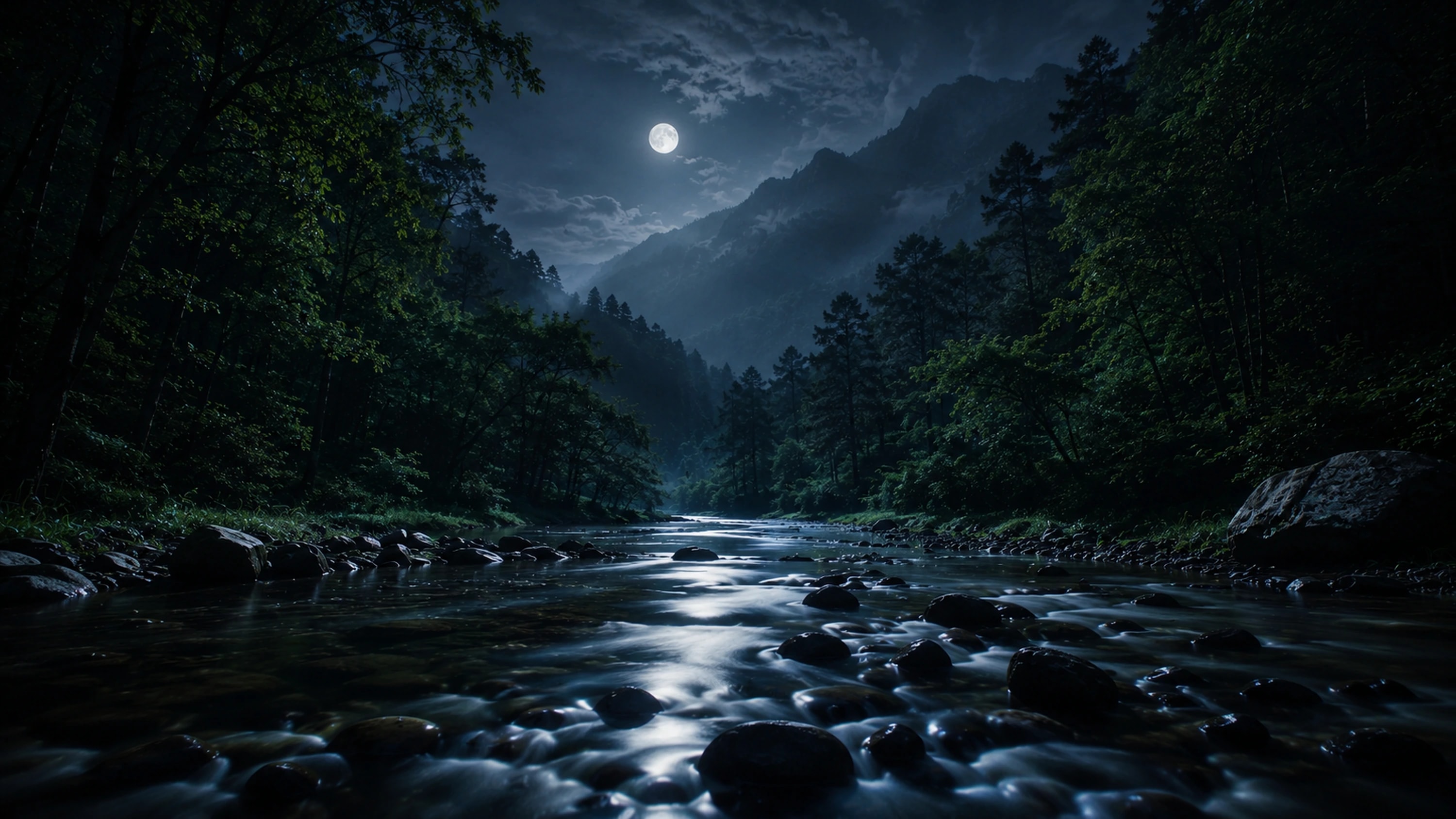 Night river in the Beskidy mountains, Poland
